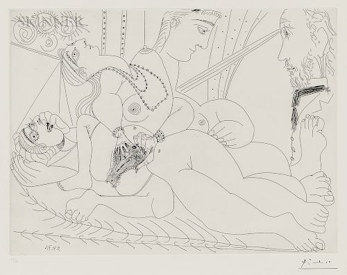 Pablo Picasso (Spanish, 1881-1973)  La maison tellier, filles entre elles, Degas sidéré