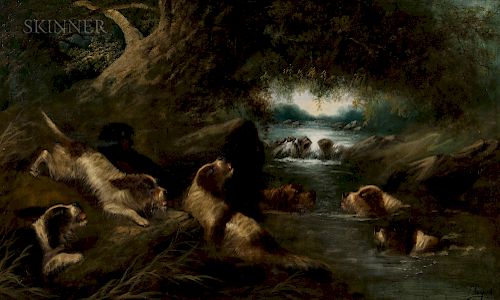 Edward George Armfield (British, 1817-1896)  Otterhounds Frolicking at a River