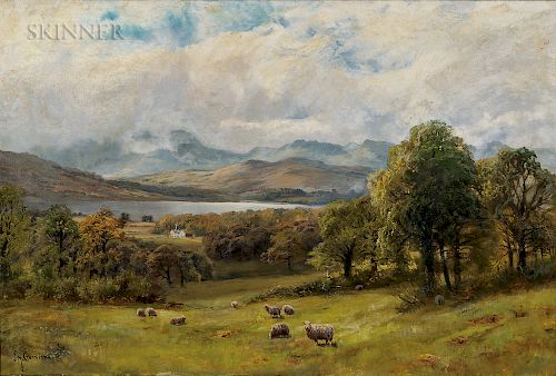 James Henry Crossland (British, 1852-1939)  Valley Landscape with Sheep at Pasture and Distant Lake