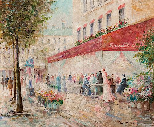 T.E. Penck (French, b. 1929)  Sidewalk Scene at Fouquet's Paris