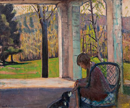 Kenneth Frazier (American, 1867-1949)  Woman Seated in a Wicker Chair with a Dog