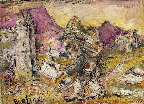 David Davidovich Burliuk (Ukrainian/American, 1882-1967)  Itinerant Artist in a Castle Landscape