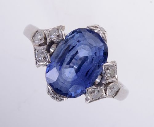 Platinum & No Heat 5.21 ct Sapphire Art Deco Ring