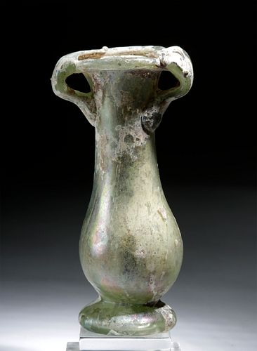 Roman Glass Footed Unguentarium w/ Trail Handles