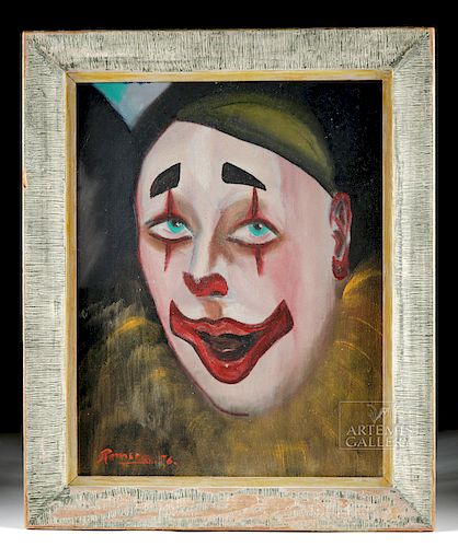 Signed & Framed Painting of Clown - Romero, 1956