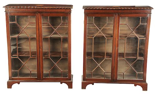Pair Chippendale Style Inlaid Bookcase Cabinets