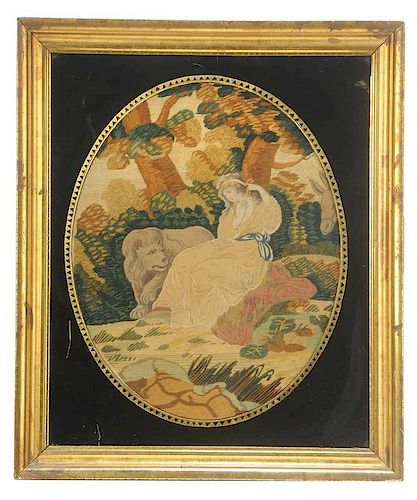 Framed Embroidery of Woman and Lion