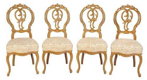 Set Four French Carved Walnut Side Chairs