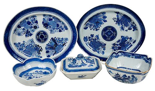 Five Canton Blue and White Serving Pieces