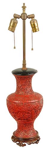 Lamp Mounted Chinese Carved Cinnabar Vase