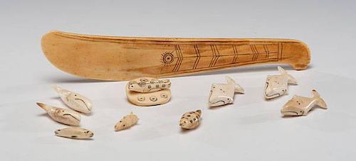 *Eskimo Walrus Ivory Figural Buttons and Story Knife 