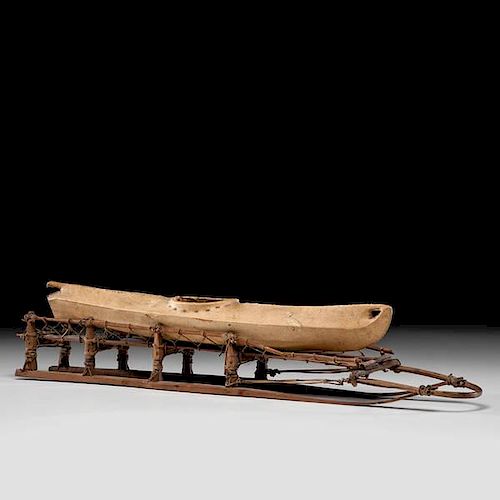 Eskimo Model Wooden Sled with Sealskin Kayak 