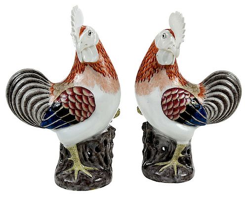 Pair Chinese Famille Rose Porcelain Cockerels