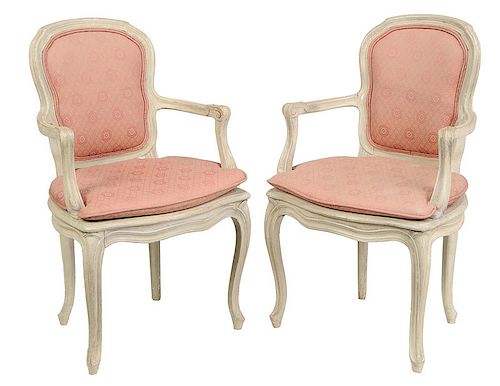 Pair Louis XV Style Paint Decorated Arm Chairs