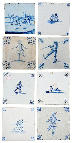 Eight Dutch Delft Skating Tiles