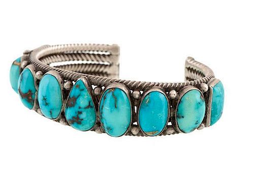 Navajo Silver and Turquoise Bracelet from Asa Glascock Trading Post, Gallup, NM 