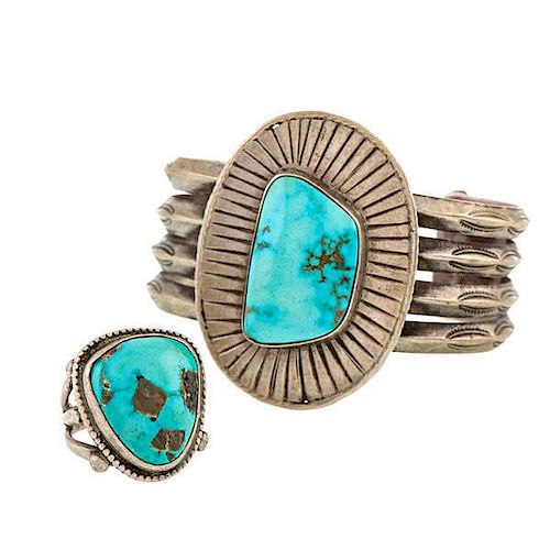 Navajo Silver and Turquoise Bracelet and Ring From Asa Glascock Trading Post, Gallup, New Mexico 