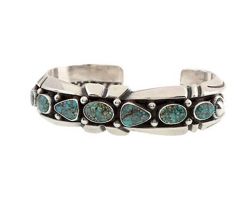 Navajo Silver and Turquoise Row Bracelet 