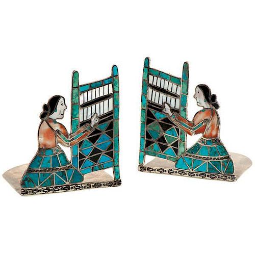 Zuni Silver and Turquoise Inlaid Bookends From Asa Glascock Trading Post, Gallup, New Mexico 