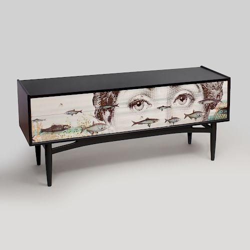 Piero Fornasetti Style Transfer Printed and Ebonized Sideboard, of Recent Manufacture