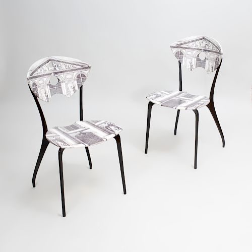 Pair of Piero Fornasetti Style Transfer Printed and Ebonized Chairs, of Recent Manufacture