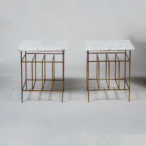 Pair of Brass and White Marble Side Tables