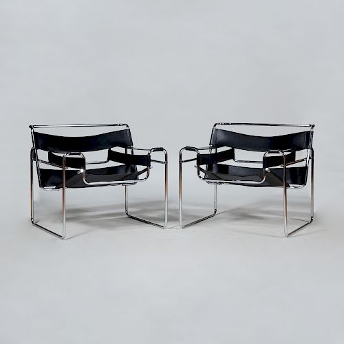 Pair of Marcel Breuer Chrome and Leather 'Wassily' Chairs 