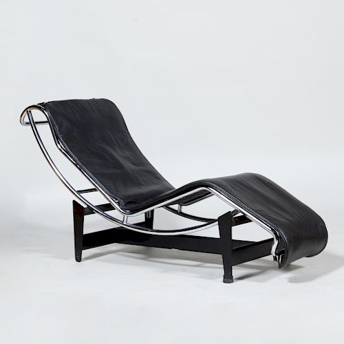Cassina Le Corbusier Chaise Lounge and Chrome-Painted Metal and Leather Stool, for Atelier International