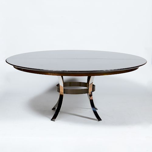Circular Painted Linen and Chrome Extension Dining Table, in the Style of Karl Springer