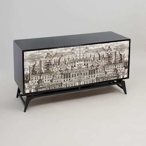 Piero Fornasetti Style Transfer Printed and Ebonized Dresser, of Recent Manufacture
