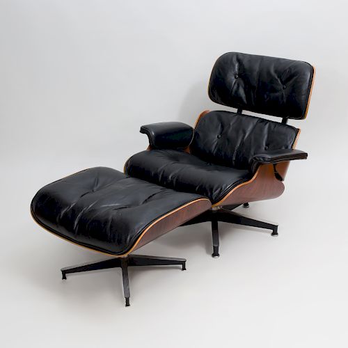 Eames Rosewood and Black Leather Lounge Chair and Ottoman, for Herman Miller