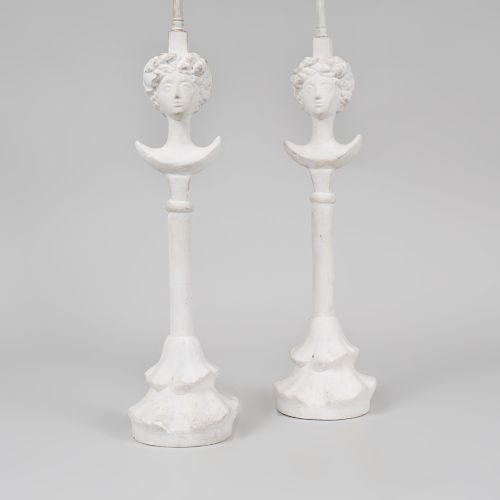 Giacometti Style Pair of 'Tête de Femme' Plaster Lamps, for Sirmos and Company