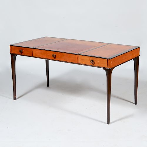 Leather and Mahogany Partners Desk, in the Style of Dunbar