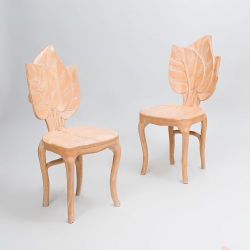 Pair of Pickled Wood Leaf Form Side Chairs