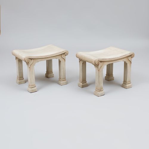 Pair of George III Style Painted Hall Stools, of Recent Manufacture