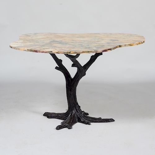 Patinated Bronze Tree Trunk Form Table with Marble Top