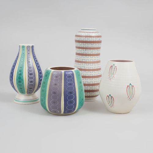 Group of Three Poole Porcelain Vases and a Stand