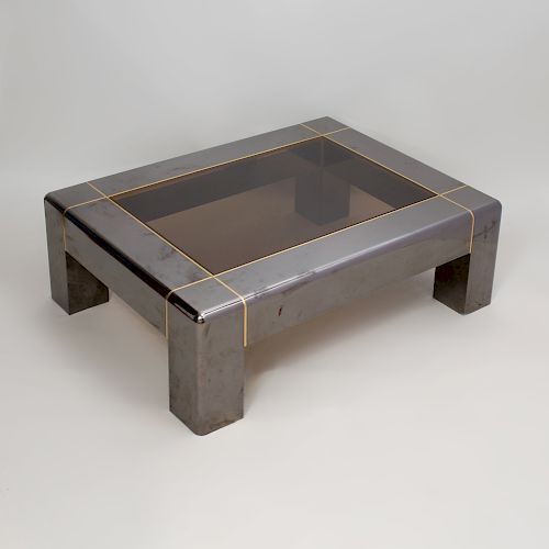 Karl Springer Brass-Mounted Gunmetal Steel and Smoky Glass Low Table