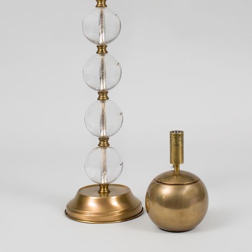 Brass-Mounted Lucite Lamp and a Small Spherical Brass Lamp
