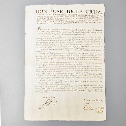 Cruz, José de la. Bando sobre la Libertad para los Extranjeros de Establecer Fábricas, sin Necesidad de Licencias. 1820.