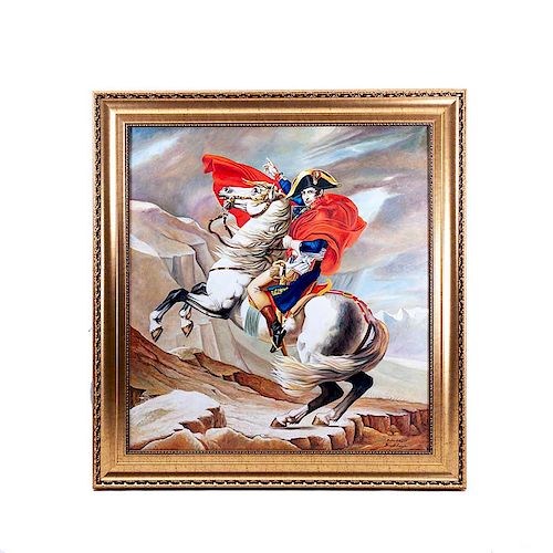 Bernardo Corazón (México, siglo XX) Napoleón cruzando los Alpes. Basada en la obra de Jacques-Louis David. Óleo sobre tela. Enmarcado.