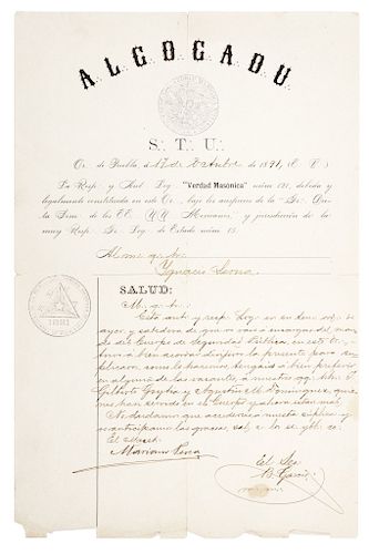 Perea, Mariano.Súplica de la Logia "Verdad Masónica" a Ignacio Serna. Puebla, octubre 17 de 1891. Firma.