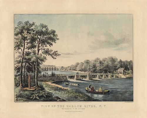 View on the Harlem River, N.Y. The Highbridge in the Distance - Original Large Folio Currier & Ives lithograph