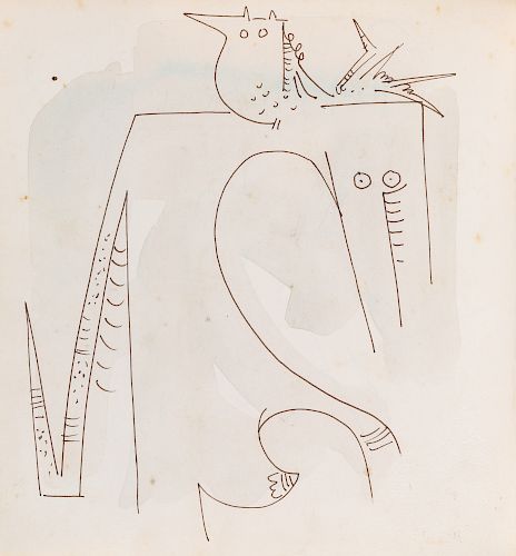 AN ORIGINAL INK AND WATERCOLOR DRAWING BY WILFREDO LAM (CUBAN 1902-1982) IN AUTOGRAPH COPY OF CATALOGUE RAISONNE, TOGETHER WITH A SECOND COPY
