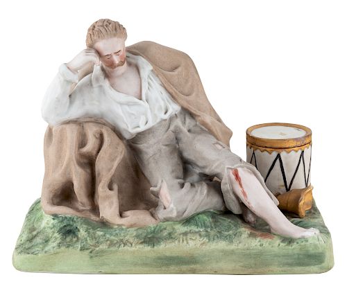 A RUSSIAN PORCELAIN MATCH HOLDER IN THE FORM OF A WOUNDED SOLDIER, GARDNER PORCELAIN FACTORY, MOSCOW, LATE 19TH CENTURY 