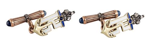 A PAIR OF RUSSIAN GOLD AND ENAMEL CUFFLINKS WITH SAPPHIRES AND DIAMONDS, WORKMASTER AUGUST FREDRIK HOLLMING, ST. PETERSBURG, 1899-1904