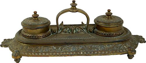 Victorian Brass Double Inkwell Stand