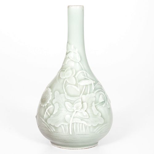 Chinese Celedon Carved Bottle Vase