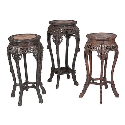 Chinese Carved Hardwood Plant Stands with Marble-tops