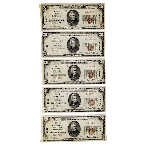 5-1929 $20 Ch. 4857 Patton Bank PA 5 Consec SN!